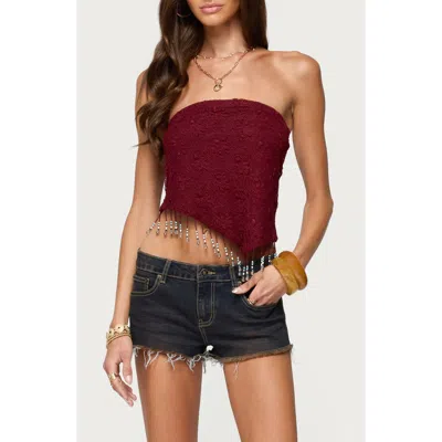 Edikted Lace Beaded Fringe Asymmetric Hem Tube Top In Burgundy