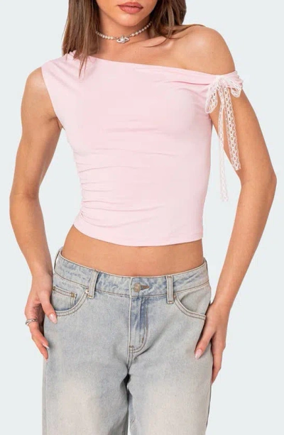 Edikted Lace Bow One-shoulder Top In Pink