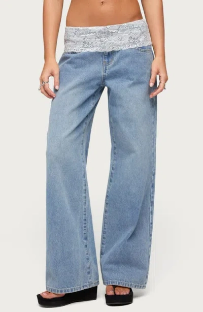 Edikted Lace Foldover Low Rise Baggy Pants In Blue