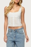 Edikted Lace Inset Crop Cotton Button-up Shirt In White