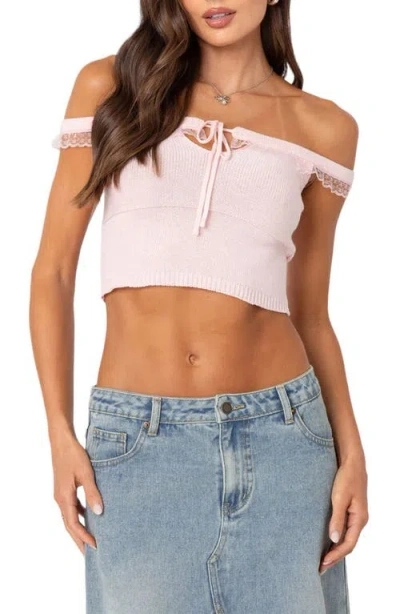 Edikted Lace Trim Off The Shoulder Knit Cotton Crop Top In Light Pink