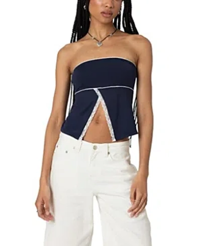 Edikted Lace Trim Split Front Tube Top In Navy