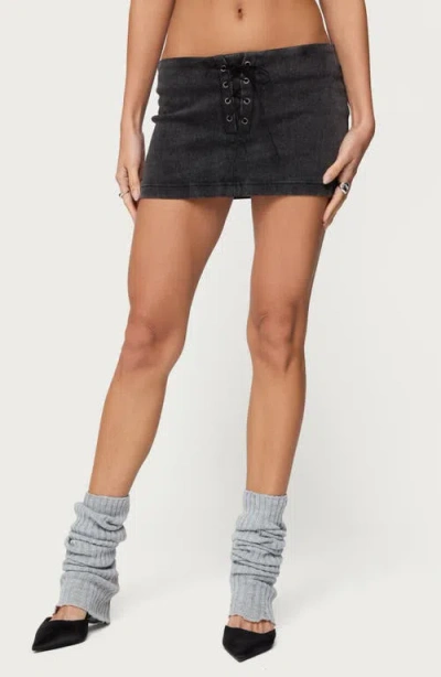 Edikted Lace Up Stretch Denim Miniskirt In Black