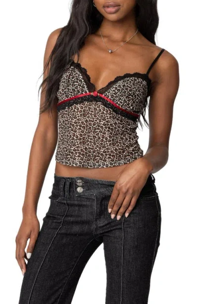 Edikted Lacey Leopard Print Mesh Camisole In Black Leopard Mix