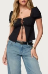 Edikted Lacey Split Front Lace-up Top In Black