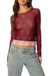 Edikted Lacy Sheer Mesh Crop Top In Burgundy