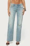 Edikted Lainie Distressed Low Rise Bootcut Jeans In Blue