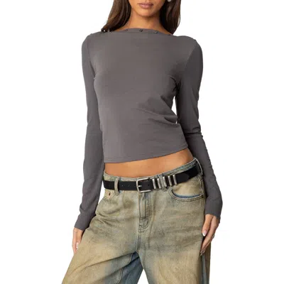 Edikted Lake Mixed Media Button Accent Top In Dark-gray