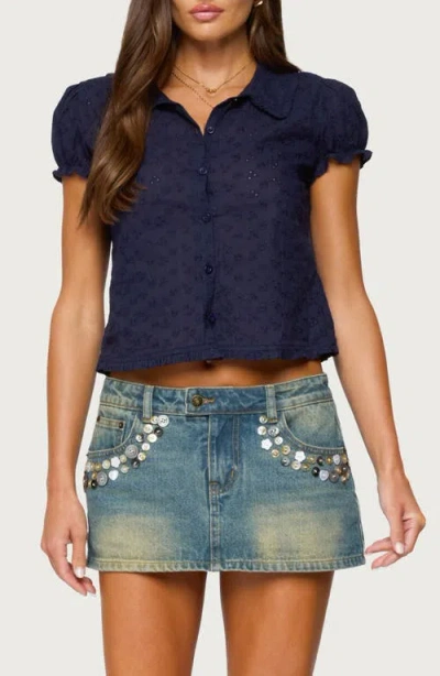 Edikted Lanie Eyelet Short Sleeve Crop Button-up Shirt In Blue