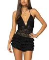 Edikted Lanney Ruffled Sheer Lace Romper In Black
