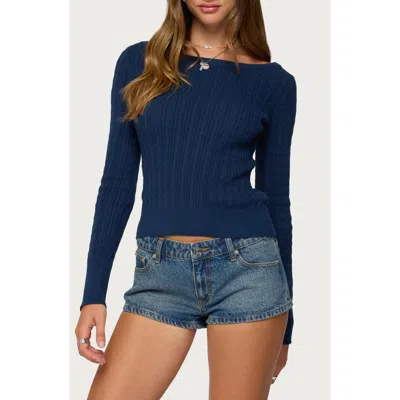 Edikted Larah Boat Neck Cable Knit Cotton Sweater In Blue