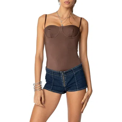 Edikted Laurel Shiny Cupped Bodysuit In Brown