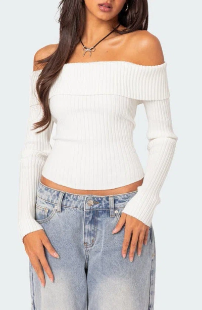 Edikted Lauren Foldover Off The Shoulder Rib Sweater In White