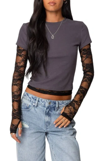 Edikted Layered Lace Long Sleeve T-shirt In Grey