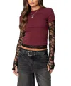 Edikted Layered Lace Sleeve T-shirt In Burgundy