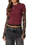 Edikted Layered Lace Sleeve T-shirt In Burgundy