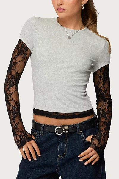 Edikted Layered Lace Sleeve T Shirt Top In Gray/melange, Women's At Urban Outfitters
