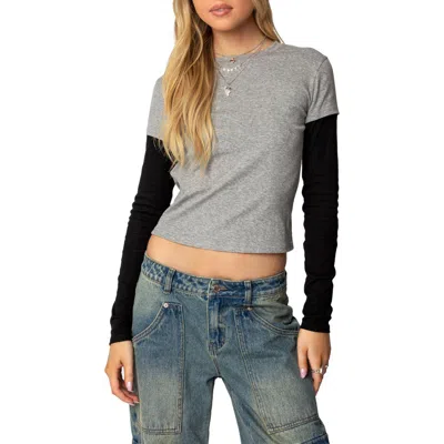 Edikted Layered Look Long Sleeve Cotton T-shirt In Gray-melange