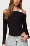Edikted Layered Ribbed Off Shoulder Bodysuit In Black, Women's At Urban Outfitters In Black