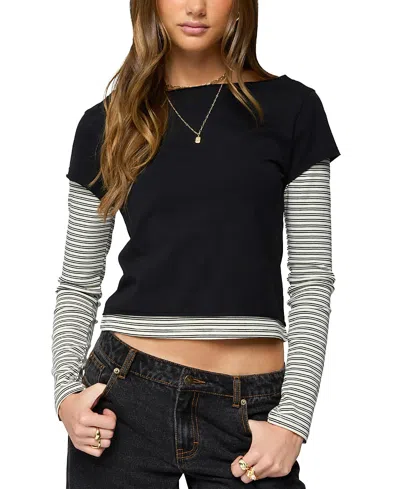 Edikted Layered Stripey Long Sleeve T Shirt In Black