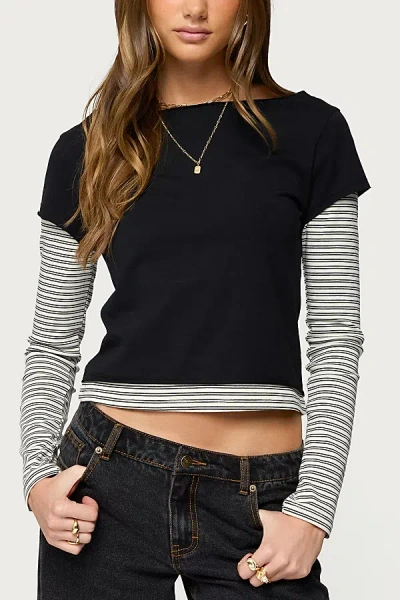 Edikted Layered Stripey Long Sleeve T Shirt In Black, Women's At Urban Outfitters In Multi
