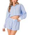 Edikted Lea Stripe Crop Button-up Shirt In Light Blue