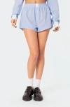 Edikted Lea Pinstripe Cotton Blend Boxer Shorts In Light-blue
