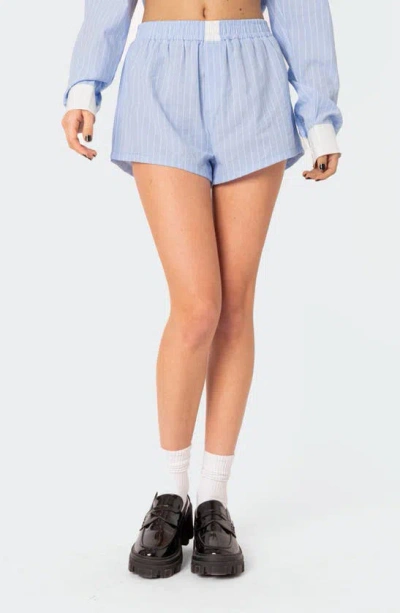 Edikted Lea Pinstripe Cotton Blend Boxer Shorts In Light-blue