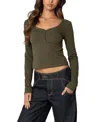 Edikted Leah V-neck Crop Henley Top In Olive