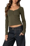 Edikted Leah V-neck Crop Henley Top In Olive