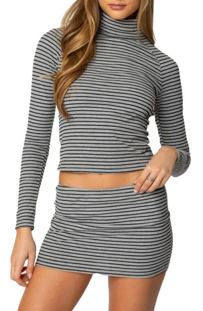 Edikted Leana Stripe Open Back Crop Turtleneck Top In Gray