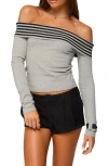 Edikted Leetal Stripe Foldover Off The Shoulder Long Sleeve Top In Gray
