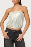 Edikted Leira Shimmer Strapless Blouson Top In Silver