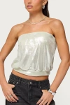 Edikted Leira Shimmer Strapless Blouson Top In White