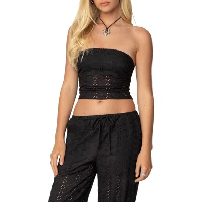 Edikted Lemon Eyelet Lace-up Corset Crop Tube Top In Black