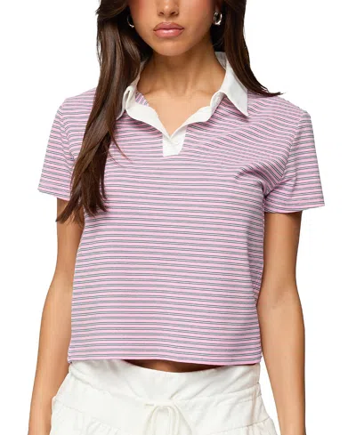 Edikted Lennie Striped Polo Top In Pink