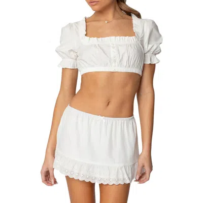 Edikted Lenora Puff Sleeve Crop Stretch Cotton Top In White
