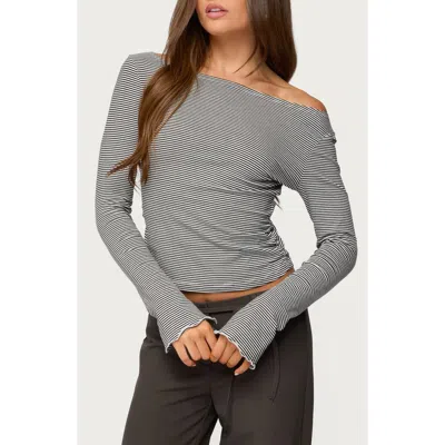 Edikted Lenya Stripe Off The Shoulder Top In Gray