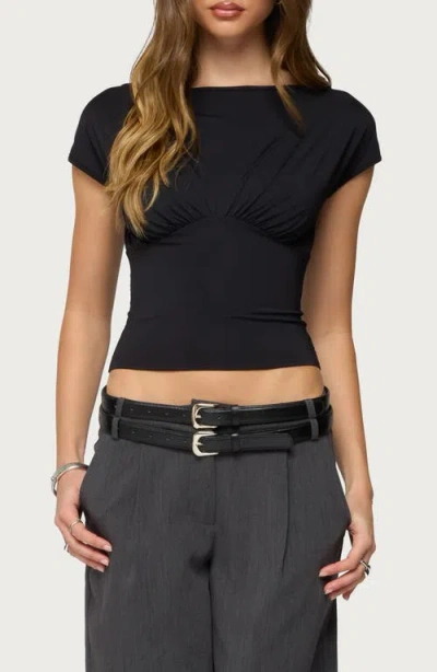 Edikted Leonah Ruched Boat Neck Crop Top In Black