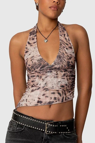 EDIKTED LEOPARD MESH ASYMMETRIC HALTER TOP IN LEOPARD, WOMEN'S AT URBAN OUTFITTERS