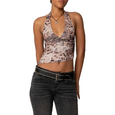 Edikted Leopard Print Asymmetric Mesh Halter Top