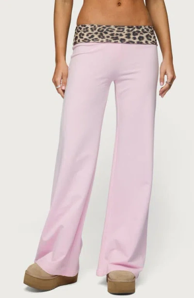 Edikted Leopard Print Foldover Waist Wide Leg Pants In Pink