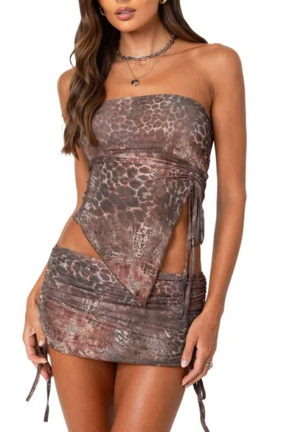 Edikted Leopard Print Strapless Mesh Top In Brown