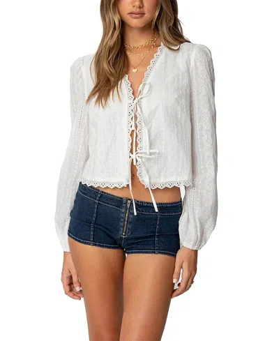 Edikted Lesley Lace Trim Tie Front Shirt In White