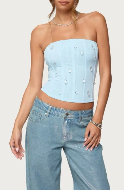 Edikted Lexah Crystal Embellished Mesh Corset Top In Blue