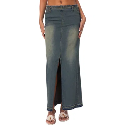 Edikted Lexy Release Hem Stretch Cotton Denim Maxi Skirt In Blue-washed