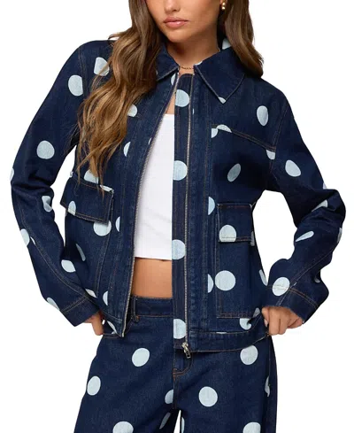 Edikted Leyah Polka Dot Oversized Denim Jacket In Blue