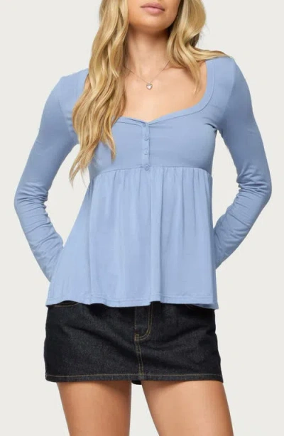 Edikted Lilla Henley Long Sleeve Babydoll Top In Blue