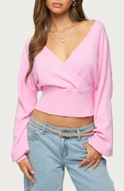 Edikted Lillia V-neck Wrap Crop Sweater In Pink