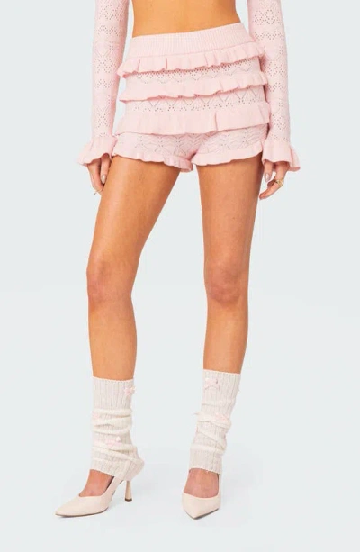 Edikted Lindsay Ruffle Knit Shorts In Light-pink